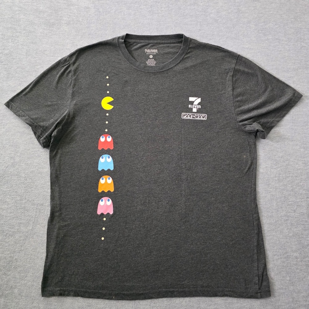 7-Eleven Pac-Man Men XL T-Shirt Charcoal Grey Retro Gaming Graphic Tee Short Slv